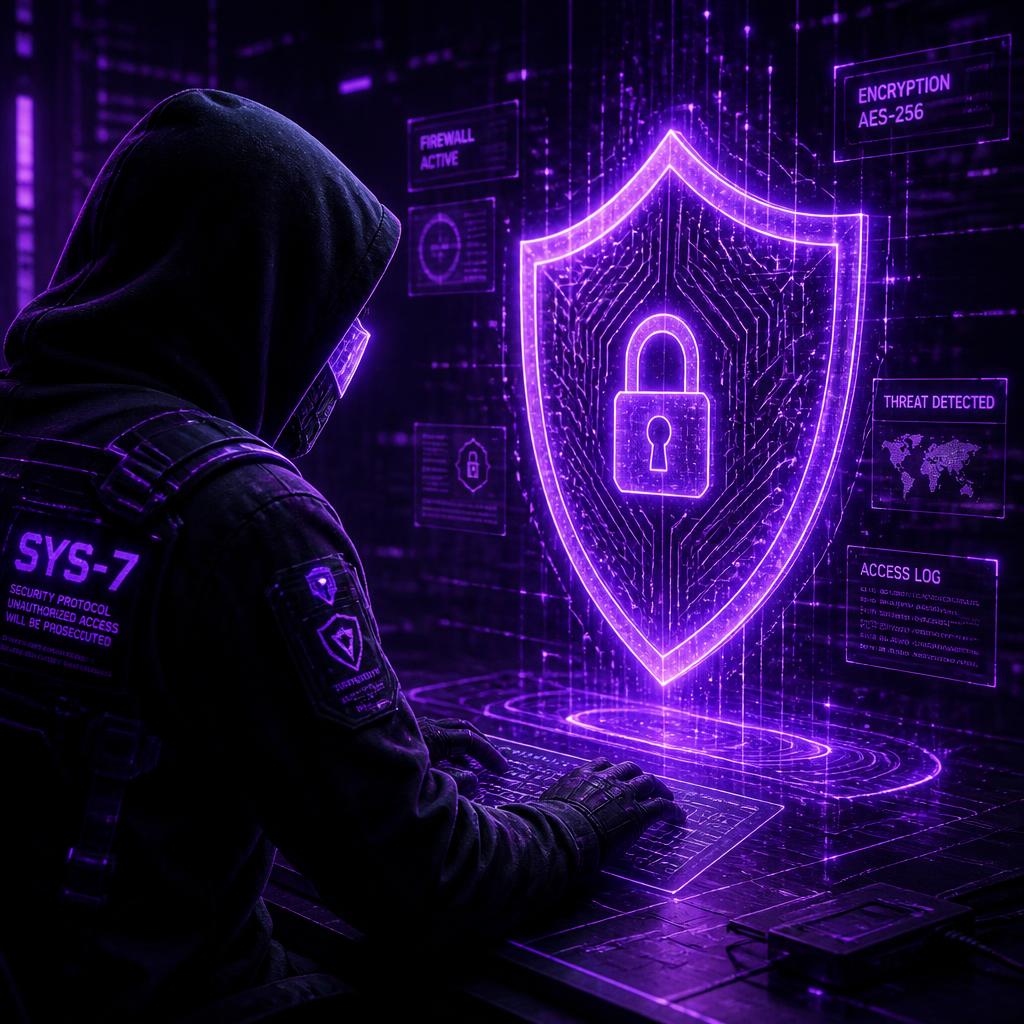 Cybersecurity hacker with holographic shield